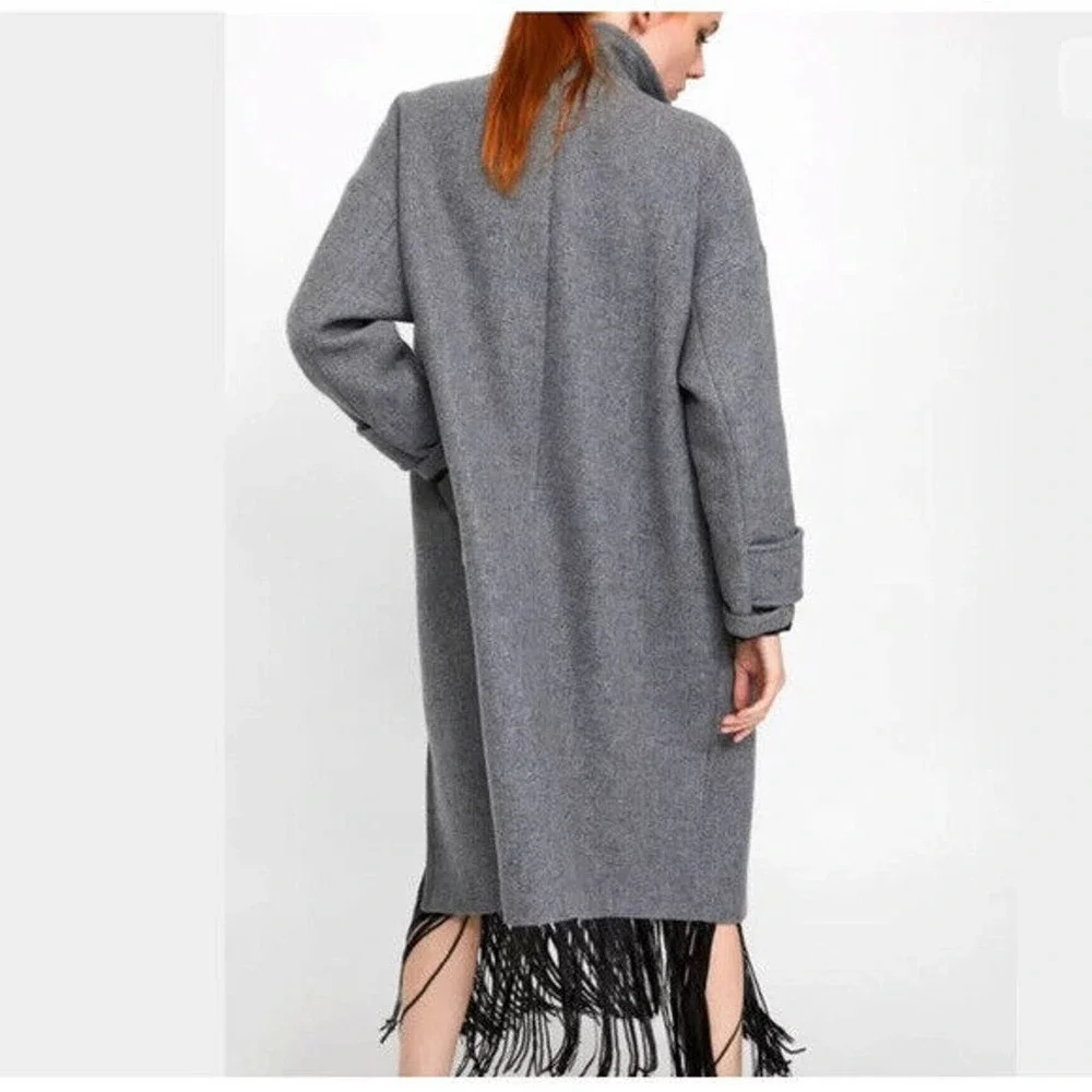 Zara Basic Asymmetric Button Coat Wool Blend Gray Women's Size XL - Picture 5 of 10